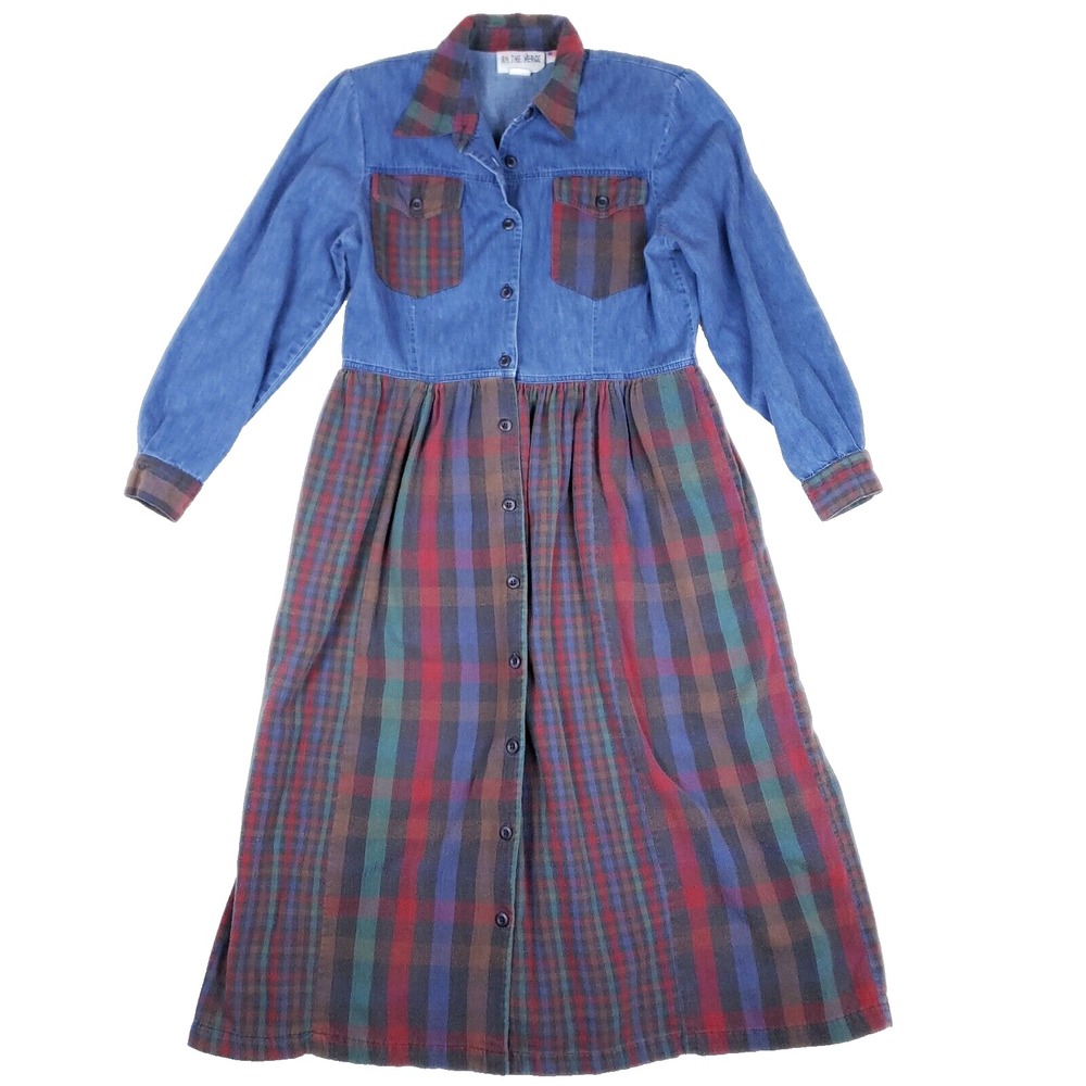 On The Verge Denim Plaid Prairie Dress Button Front Long Sleeve Cottagecore L